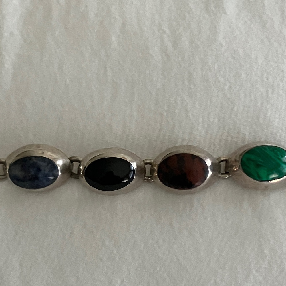 Gorgeous Vintage Taxco Multi-Stone Cabochon and Sterling Linked Bracelet - Picture 3 of 11